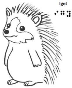 Igel verniedlicht stehend - grafische Darstellung mit Text in Schrift und Braille 