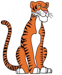 Kinderkarte farbig: sitzender Tiger, comichaft gezeichnet, lächelnd. Farben: Orange mit schwarzen Streifen, weißer Brust, Schnauze und Pfoten, die Augen sind gelb.