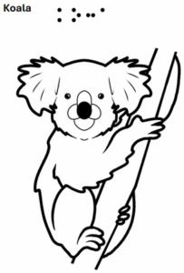 Koala am Baumstamm sitzend - grafische Darstellung mit Text in Schrift und Braille 