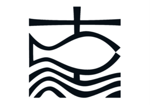 Konfirmation/Kommunionkarte - grafische Darstellung Kreuz über dem Fisch auf dem welligen Meer - Keine Schrift/Braille