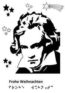 Bild von Ludwig van Beethoven mit Weihnachtssternen Text: Frohe Weihnachten mit Schrift und Braille