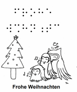 Drei gezeichnete Eulen die vor einem Weihnachtsbaum singen Text: Frohe Weihnachten mit Schrift und Braille