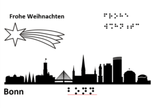 Silhouette der Stadt Bonn mit Weihnachtsstern Text: Frohe Weihnachten mit Schrift und Braille