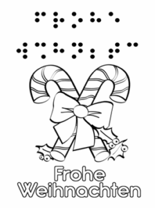 Weihnachtszuckerstangen Text: Frohe Weihnachten mit Schrift und Braille